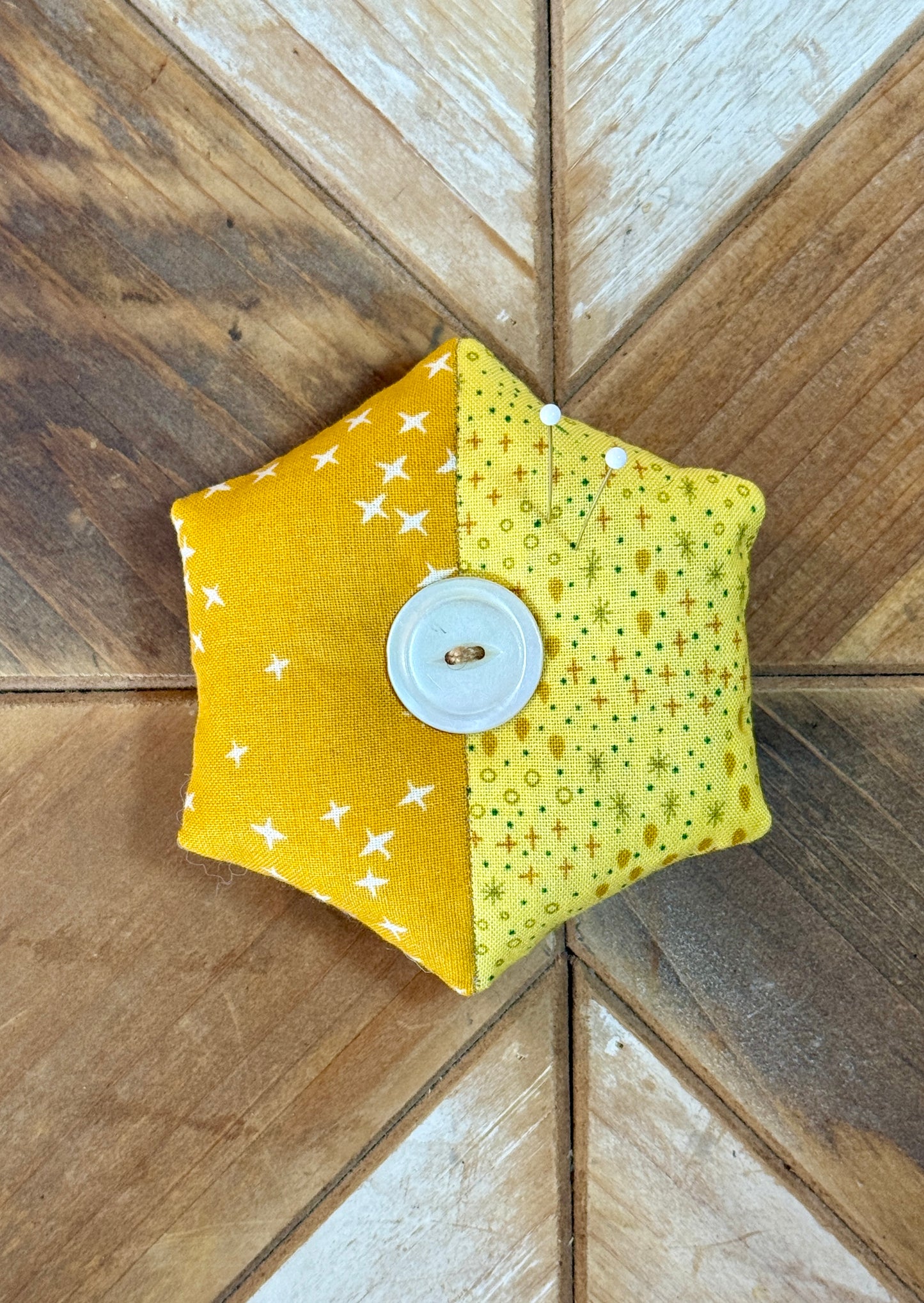 Pin Cushion - Half Hexie -  Yellow Stitch