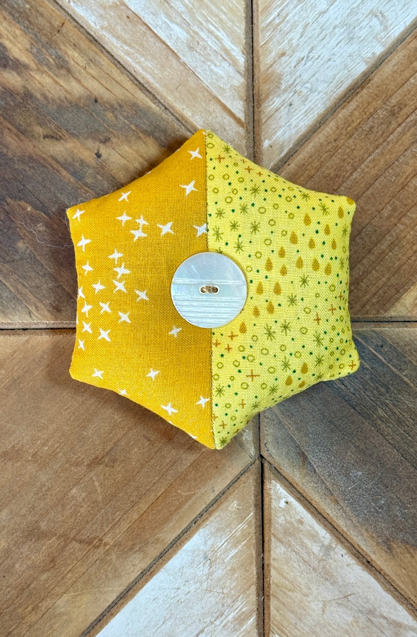 Pin Cushion - Half Hexie -  Yellow Stitch