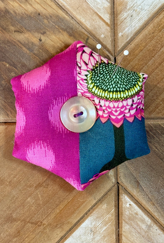 Pin Cushion - Half Hexie -  Pink Strawflower